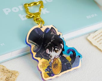 Lord of the Mysteries Klein Moretti Holographic Acrylic Keychain, Chibi Cat Ear Klein Gold Coin Design Cat-Shaped Clasp Fan Merch Gift