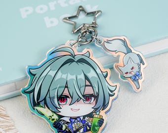 Genshin Impact Lohen Chibi Acrylic Keychain, Double Chain Star Clasp Cute Anime Keyring, Holographic Edge Game Character Merch, Fan Gift