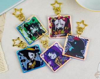 The Freak Circus Keychain Set, Pierrot Harlequin Jester Doctor Ticket Taker, Creepy Gothic Square Acrylic Keychains with Gold Star Clasp