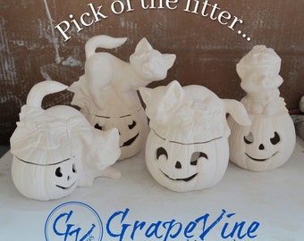 Ready to Paint - Pick of the Litter - Kitten with Jack O'Lantern - Ceramichrome C1985 C1986 C1987 C1988