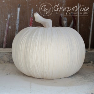 May include: A white ceramic pumpkin with a textured surface. The pumpkin has a long, thin stem.