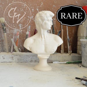 Pode incluir: Busto de gesso branco de um homem com cabelo curto. O busto está em um pedestal e a palavra "RARE" está escrita em uma placa preta atrás da escultura.