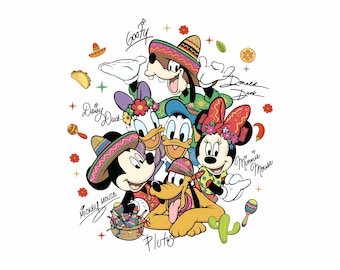 Retro Disney Mickey and Friends Signatures Cinco De Mayo PNG, Disney Fiesta Digital Download, Disney Mexican Party Cinco De Mayo Fiesta File