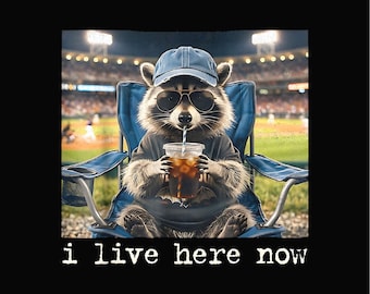 Funny Raccoon Ballfield Baseball Field I Live Here Now T-Shirt PNG, Raccoon Drinking Iced Coffee Mom Shirt Design