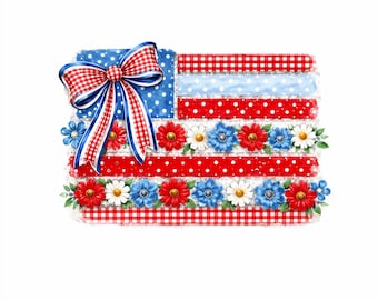 Coquette American Flag PNG, Patriotic Bow Ditsy Floral, Checkered USA Design, Retro Brushstroke, 4th of July Sublimation DTF Digital File