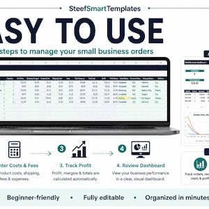 May include: A digital spreadsheet template for small business order tracking displayed on a laptop screen. The graphic includes an order tracker table, an automatic dashboard with charts, and four numbered steps for managing orders, costs, and profits.