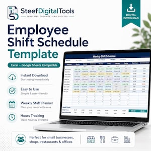 Può includere: Un modello digitale di pianificazione dei turni dei dipendenti per Excel e Google Sheets visualizzato su uno schermo di un portatile. L'interfaccia mostra un pianificatore settimanale con colonne per dipendenti, giorni, ore totali e straordinari.