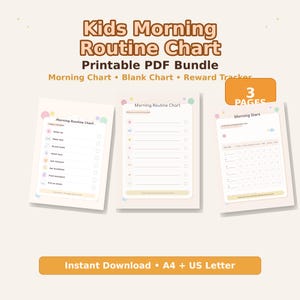 Può includere: Un pacchetto PDF stampabile intitolato "Kids Morning Routine Chart" con tre pagine. Le pagine includono un grafico mattutino, un grafico vuoto e un tracker di ricompense. Il testo "Instant Download A4 + US Letter" è visibile.