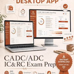 May include: An interactive desktop app for CADC/ADC IC&RC exam preparation displayed on a laptop and monitor. The interface shows progress charts, domain scores, and practice questions. Includes features like flashcards, a timer, and score tracking.