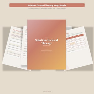 Puede incluir: Un conjunto de recursos de terapia imprimibles. La portada del documento principal presenta un degradado naranja y melocotón con el texto "Solution-Focused Therapy" en blanco. Se ven varias hojas de trabajo y herramientas.