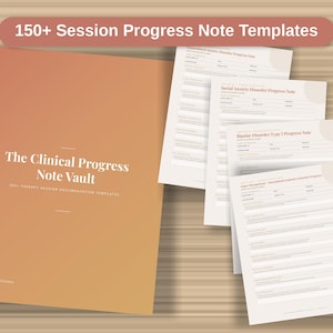 以下が含まれることがあります： 「The Clinical Progress Note Vault」のテキストが入った表紙と、「Social Anxiety Disorder Progress Note」などのタイトルが付いたいくつかのルーズリーフページを含む、セラピーセッションのドキュメントテンプレートのセット。表紙はオレンジと黄色のグラデーションです。