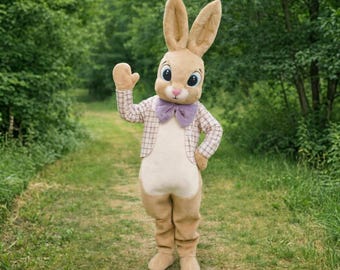 Handgefertigtes Beige Bunny Maskottchen Kostüm, Osterkostüm Professionelle Bunny Maskottchen Erwachsenenklage für die Eiersuche, realistisches Plüschkaninchen-Charakteroutfit