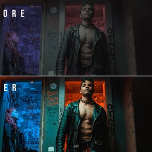 Puede incluir: Una comparaci&oacute;n de pantalla dividida que muestra una edici&oacute;n de foto antes y despu&eacute;s. La imagen presenta a una persona con una chaqueta de cuero negra y un collar de p&uacute;as en una puerta, con una segunda persona al fondo. La versi&oacute;n despu&eacute;s a&ntilde;ade efectos de iluminaci&oacute;n azul y naranja vibrantes.