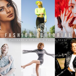 May include: A collage of six fashion photographs featuring diverse models in various outfits, including a neon green long-sleeve top, a grey dress with flared sleeves, and a black leather jacket, with the text FASHION EDITORIAL Portrait Studio Vogue Style.
