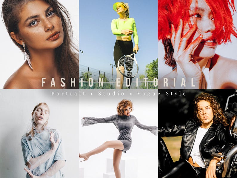 May include: A collage of six fashion photographs featuring diverse models in various outfits, including a neon green long-sleeve top, a grey dress with flared sleeves, and a black leather jacket, with the text FASHION EDITORIAL Portrait Studio Vogue Style.