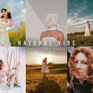 May include: A collage of six photographs featuring individuals in white dresses and tops, including a person with a lace head covering, a person running through a field, and a close-up of curly hair, with the text NATURAL VIBE Soft Clean Tones.