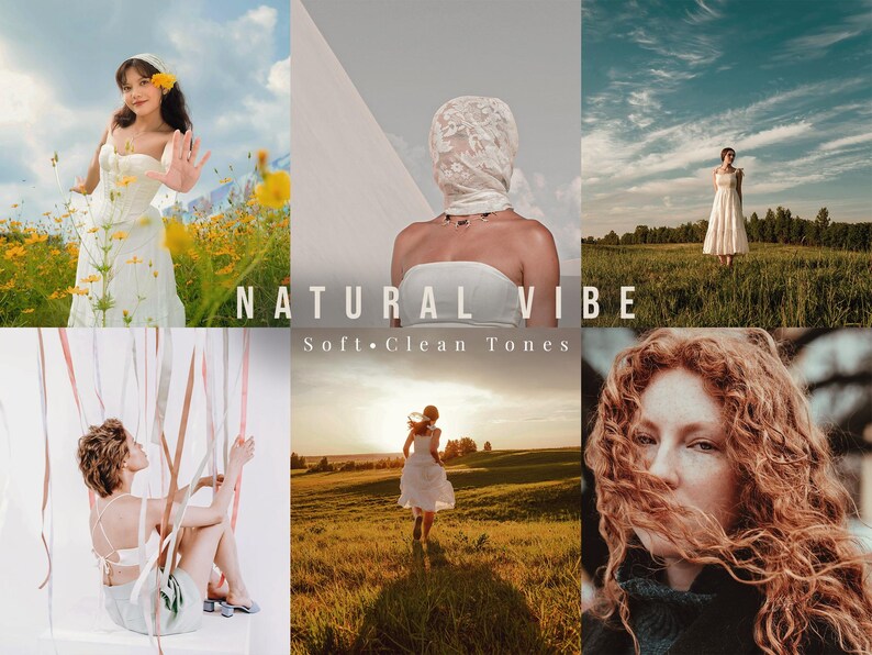 May include: A collage of six photographs featuring individuals in white dresses and tops, including a person with a lace head covering, a person running through a field, and a close-up of curly hair, with the text NATURAL VIBE Soft Clean Tones.