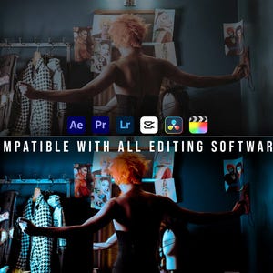 Puede incluir: Una pantalla dividida que muestra a una persona con cabello naranja en una habitaci&oacute;n con ropa y arte en la pared. La imagen muestra iconos de Adobe After Effects, Premiere, Lightroom, CapCut, DaVinci Resolve y Final Cut, con el texto COMPATIBLE WITH ALL EDITING SOFTWARES.
