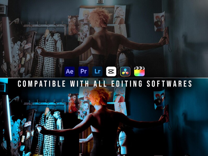 Puede incluir: Una pantalla dividida que muestra a una persona con cabello naranja en una habitaci&oacute;n con ropa y arte en la pared. La imagen muestra iconos de Adobe After Effects, Premiere, Lightroom, CapCut, DaVinci Resolve y Final Cut, con el texto COMPATIBLE WITH ALL EDITING SOFTWARES.