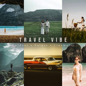 May include: A collage of six travel-themed photographs featuring landscapes, a vintage car, and people in outdoor settings. The central text reads TRAVEL VIBE followed by Outdoor &bull; Nature &bull; Cinematic in white lettering against a dark background.