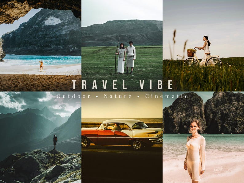 May include: A collage of six travel-themed photographs featuring landscapes, a vintage car, and people in outdoor settings. The central text reads TRAVEL VIBE followed by Outdoor &bull; Nature &bull; Cinematic in white lettering against a dark background.