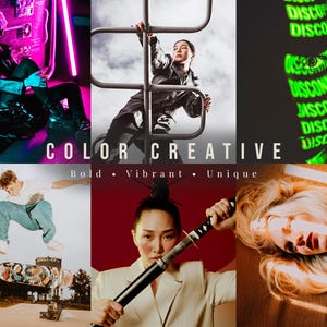 May include: A collage featuring six distinct panels: a person in a black coat with neon pink lighting, a person climbing a metal structure, glowing green text reading DISCONNECTED, a skateboarder in mid-air, a person holding a katana, and a blonde person.