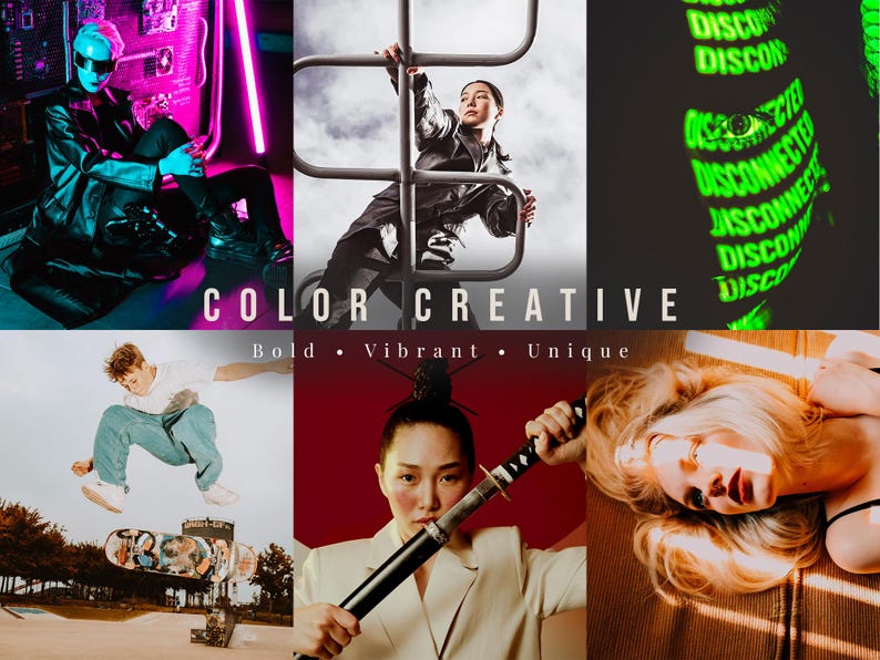 May include: A collage featuring six distinct panels: a person in a black coat with neon pink lighting, a person climbing a metal structure, glowing green text reading DISCONNECTED, a skateboarder in mid-air, a person holding a katana, and a blonde person.