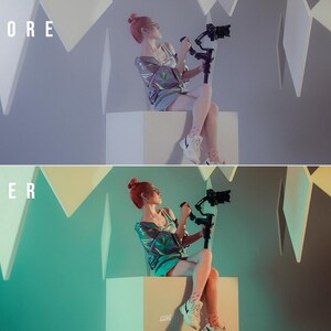 May include: A split-screen comparison showing a before and after color-graded photograph. The image features a person with reddish hair in a bun, wearing a metallic jacket and shorts, holding a camera gimbal while sitting on a white cube.