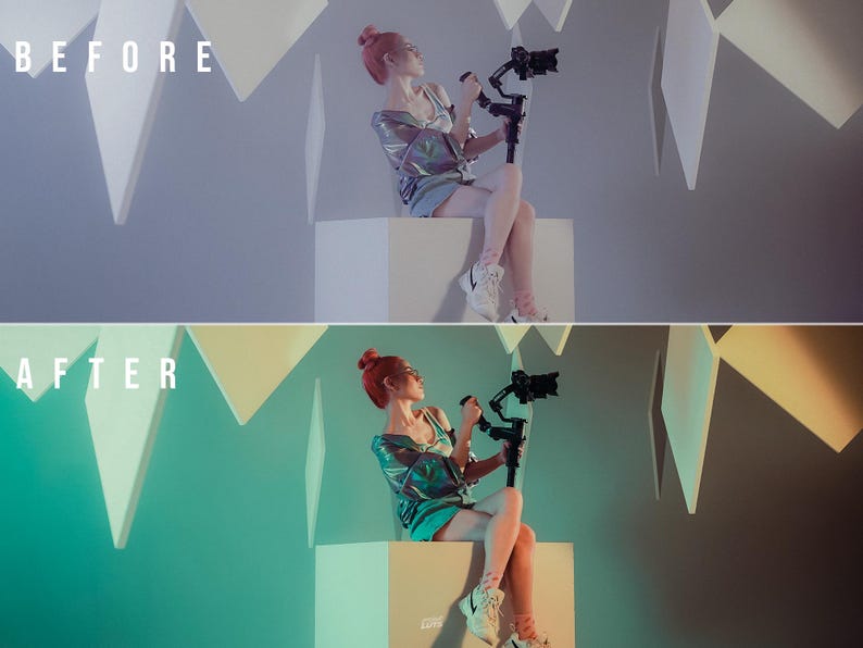 May include: A split-screen comparison showing a before and after color-graded photograph. The image features a person with reddish hair in a bun, wearing a metallic jacket and shorts, holding a camera gimbal while sitting on a white cube.