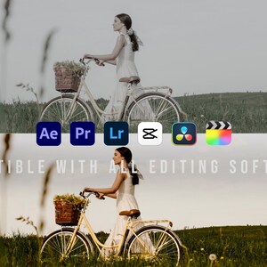 May include: A split-screen comparison showing a desaturated image on top and a warm-toned image on bottom, both featuring a bicycle in a field. Icons for editing software are displayed above the text COMPATIBLE WITH ALL EDITING SOFTWARES.