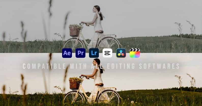 May include: A split-screen comparison showing a desaturated image on top and a warm-toned image on bottom, both featuring a bicycle in a field. Icons for editing software are displayed above the text COMPATIBLE WITH ALL EDITING SOFTWARES.