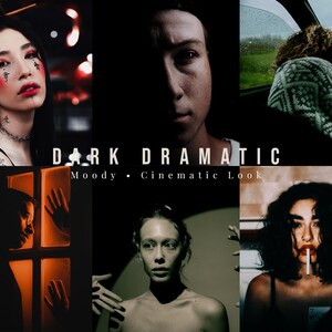 May include: A digital collection of six high-contrast, moody, and cinematic photographic presets labelled DARK DRAMATIC. The collage features diverse portraits and scenes with deep shadows, rich tones, and dramatic lighting effects for photography.