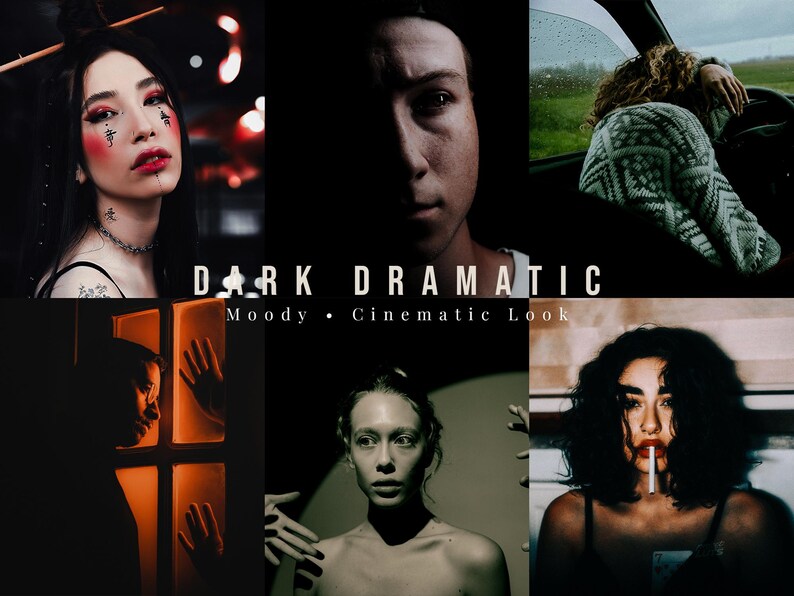 May include: A digital collection of six high-contrast, moody, and cinematic photographic presets labelled DARK DRAMATIC. The collage features diverse portraits and scenes with deep shadows, rich tones, and dramatic lighting effects for photography.