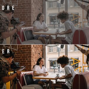 May include: A split-screen comparison showing a film production scene in a cafe. The top panel labeled BEFORE displays a desaturated, flat color grade. The bottom panel labeled AFTER shows the same scene with enhanced contrast and vibrant colors.