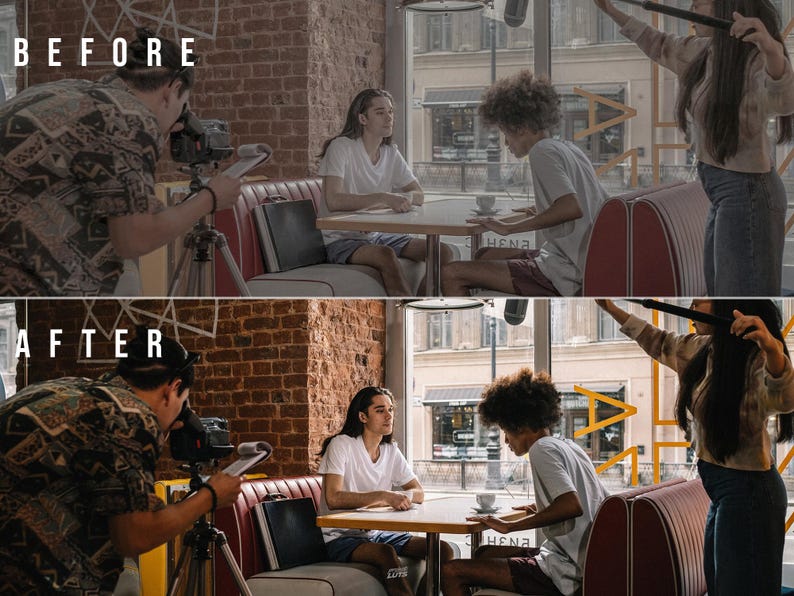 May include: A split-screen comparison showing a film production scene in a cafe. The top panel labeled BEFORE displays a desaturated, flat color grade. The bottom panel labeled AFTER shows the same scene with enhanced contrast and vibrant colors.
