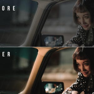 Puede incluir: Una comparaci&oacute;n de pantalla dividida que muestra un efecto de correcci&oacute;n de color antes y despu&eacute;s. El panel superior etiquetado BEFORE presenta una imagen de tonos fr&iacute;os de una persona con cabello oscuro y una chaqueta con tachuelas dentro de un autom&oacute;vil. El panel inferior etiquetado AFTER muestra la misma escena con tonos de iluminaci&oacute;n m&aacute;s c&aacute;lidos y dorados.
