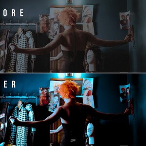 May include: A split-screen comparison showing a before and after view of a room with a person standing in the centre. The person has short orange hair and is wearing a black top. The room contains clothing on a rack, sketches on the wall, and a mannequin head.
