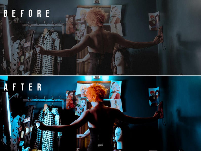 May include: A split-screen comparison showing a before and after view of a room with a person standing in the centre. The person has short orange hair and is wearing a black top. The room contains clothing on a rack, sketches on the wall, and a mannequin head.