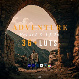 May include: An image of a stone archway framing a mountain landscape. The text "ADVENTURE Preset & LUT's 36 LUT's" is displayed in orange. A person stands in the archway, and icons for video editing software are at the bottom.