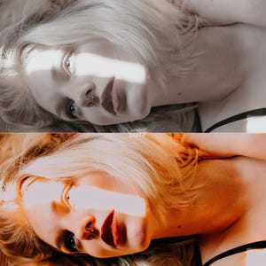 May include: A split-screen comparison showing a before and after photo edit. The top section labelled BEFORE displays a desaturated, cool-toned portrait of a person with blonde hair. The bottom section labelled AFTER shows the same portrait with warm, golden-orange tones.