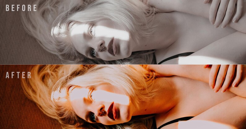 May include: A split-screen comparison showing a before and after photo edit. The top section labelled BEFORE displays a desaturated, cool-toned portrait of a person with blonde hair. The bottom section labelled AFTER shows the same portrait with warm, golden-orange tones.