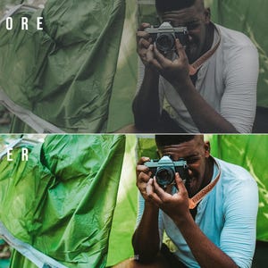 May include: A split-screen comparison showing a before and after photo edit. The top image is desaturated, while the bottom image features vibrant green tent fabric and a person holding a vintage camera with a patterned neck strap.
