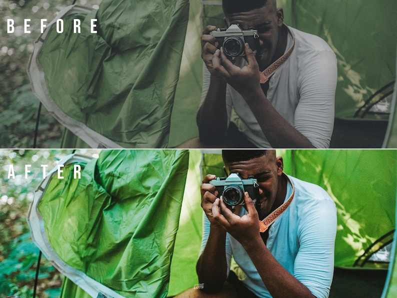 May include: A split-screen comparison showing a before and after photo edit. The top image is desaturated, while the bottom image features vibrant green tent fabric and a person holding a vintage camera with a patterned neck strap.