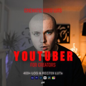 Op de afbeelding: Afbeelding met een man met gesplitste belichting, rode tekst overlay: "CINEMATIC VIDEO LUTS" en "YOUTUBER FOR CREATORS." Daaronder staat "469+ LOG & REC709 LUTS" met app-pictogrammen. Het thema is videobewerking.