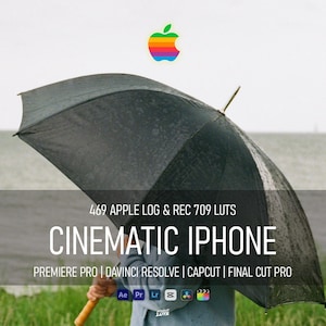 May include: A black umbrella with a wooden handle featuring a rainbow-colored Apple logo above the text 469 APPLE LOG & REC 709 LUTS CINEMATIC IPHONE PREMIERE PRO | DAVINCI RESOLVE | CAPCUT | FINAL CUT PRO and various software icons.