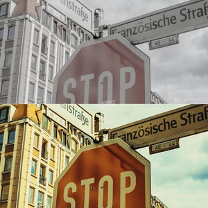 May include: A split-screen comparison showing a city street scene with a red stop sign and a street sign labelled Franz&ouml;sische Stra&szlig;e. The top half is desaturated and grey, while the bottom half features warm, vibrant colours and a blue sky.