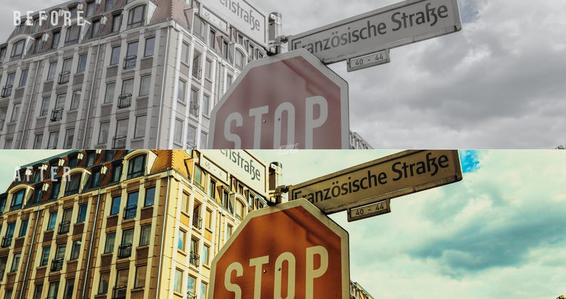 May include: A split-screen comparison showing a city street scene with a red stop sign and a street sign labelled Franz&ouml;sische Stra&szlig;e. The top half is desaturated and grey, while the bottom half features warm, vibrant colours and a blue sky.