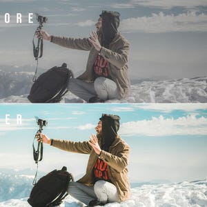 May include: A split-screen comparison showing a before and after photo editing effect. The image features a person in a brown jacket and black hoodie holding a camera on a tripod, with a black backpack nearby, set against a snowy mountain landscape.