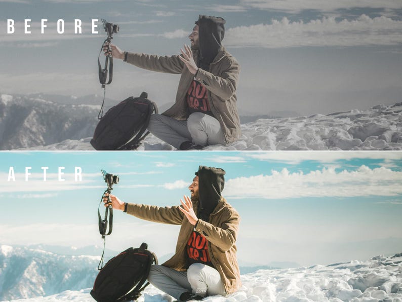 May include: A split-screen comparison showing a before and after photo editing effect. The image features a person in a brown jacket and black hoodie holding a camera on a tripod, with a black backpack nearby, set against a snowy mountain landscape.