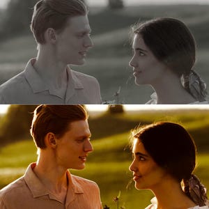 May include: A split-screen comparison showing a black and white photograph labelled BEFORE and a warm-toned, golden-hour colour photograph labelled AFTER, both featuring two individuals facing each other in a grassy field setting.